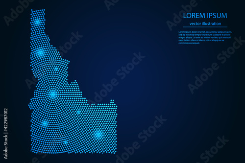 Abstract image Idaho map from point blue and glowing stars on a dark background. vector illustration. 