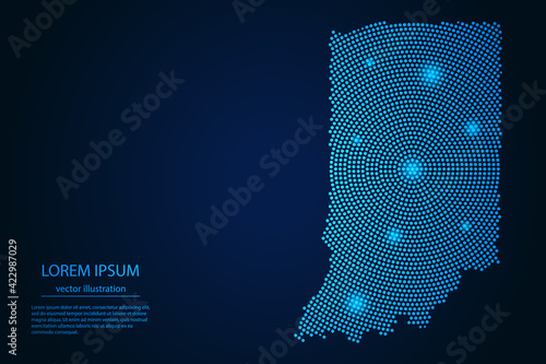 Abstract image Indiana map from point blue and glowing stars on a dark background. vector illustration. 