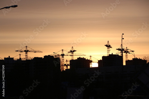 City sunset silhouette construction cranes 