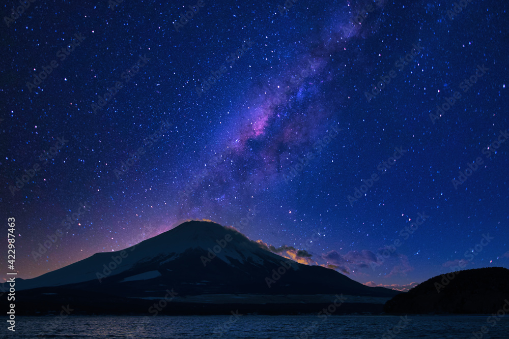 未明の富士山と満天の星空