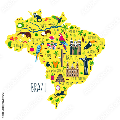 Brazil illustrated flat map vector, South America geographic cartoon banner template with landmarks, museum, church, traditional food, Brazilian carnival, animal and flowers, design for travel poster