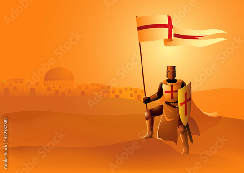 Knight of Templar with flag and shield