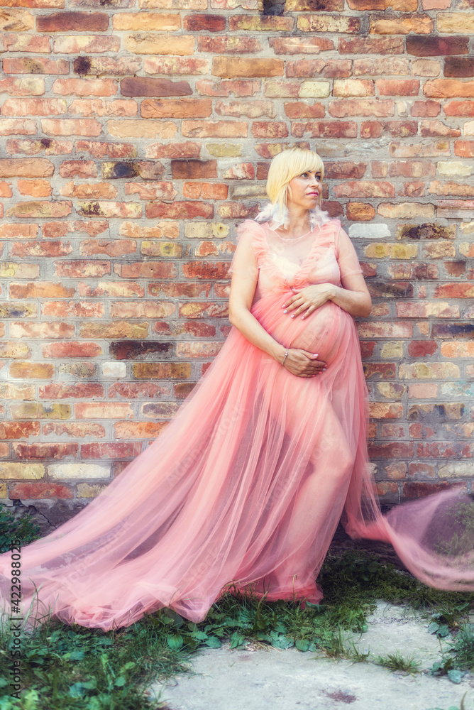 Fototapeta premium Pregnancy woman in a pink dress