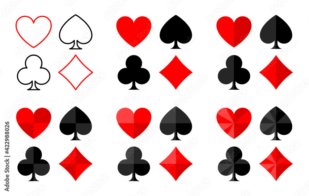 Vector collection of icons of card suits in a flat design, with faces and simple contours. Vector collection of icons of card suits in a flat design, with faces and simple contours.