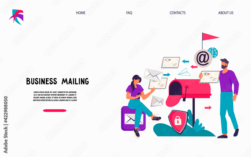 Business mailing and Email marketing website template with people next to huge mailbox, flat vector illustration. Landing page for Mail service and notification sending.