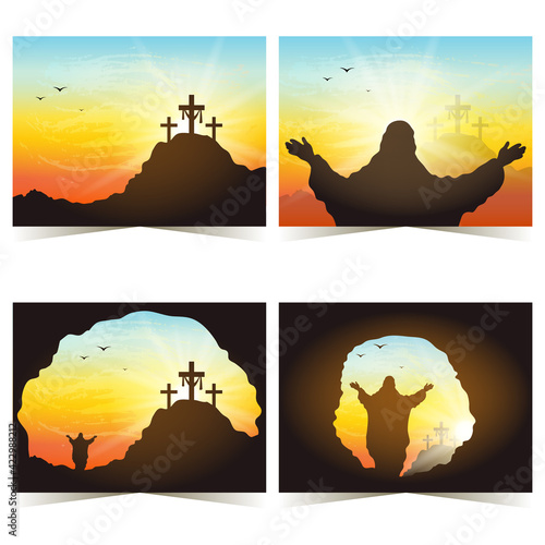 Silhouette of crosses on a mountain with sunset. Resurrection Sunday. Easter concept.