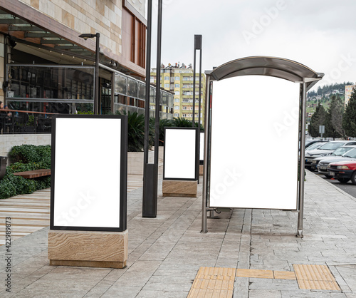 Billboard mockup and template signage three pieces of blank advertising copy space for your text message or media and content  exterior signage with frame background screen.