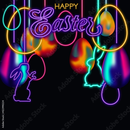 Happy easter in trendy neon and colorful gradient design with eggs and bunnies in bright colors on dark background. Square vector illustration  for card, cover and etc.