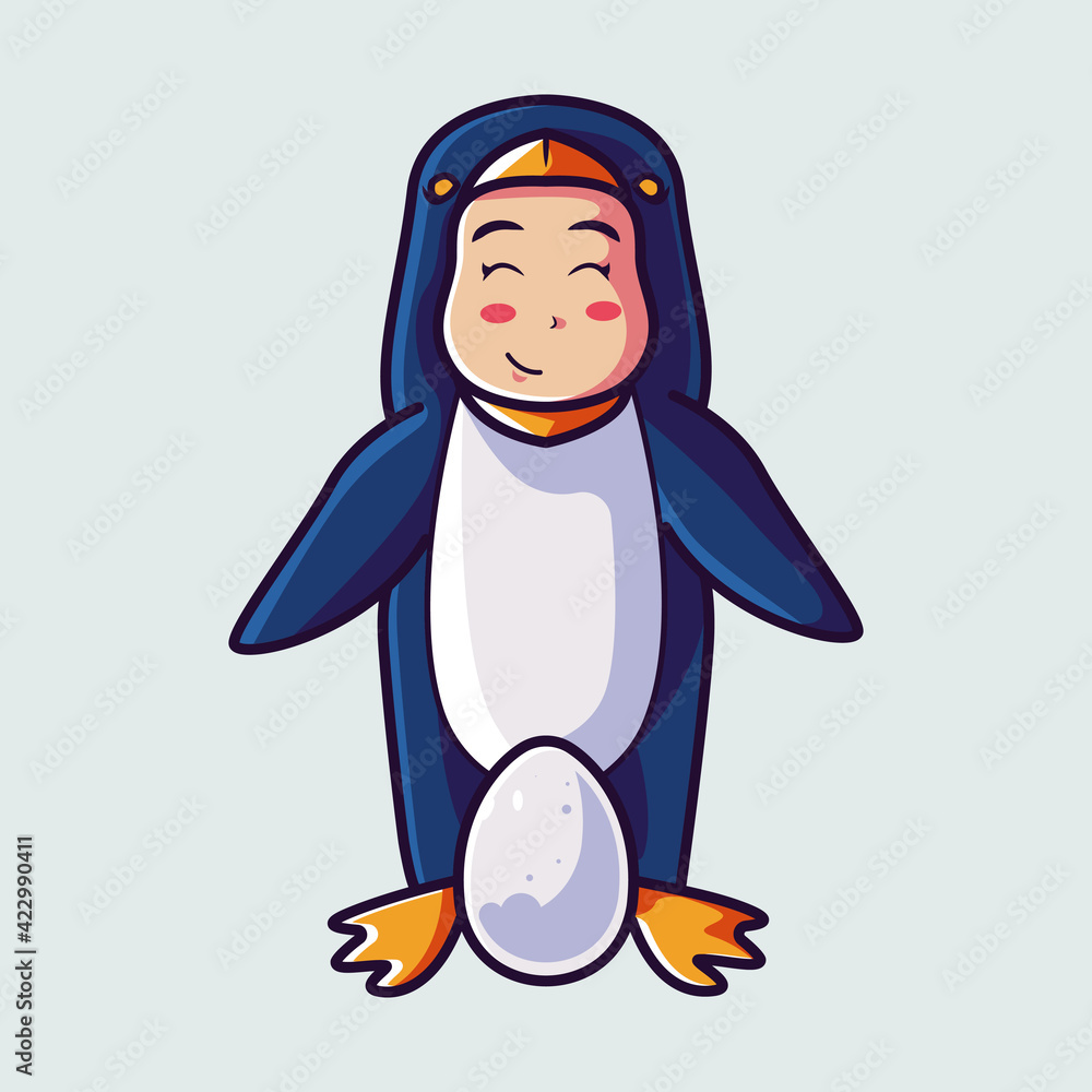 Fototapeta premium happy cute kid in penguin costume with egg. cartoon illustration