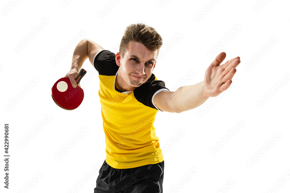 Funny emotions of professional tablet tennis player isolated on white studio background, excitement in game
