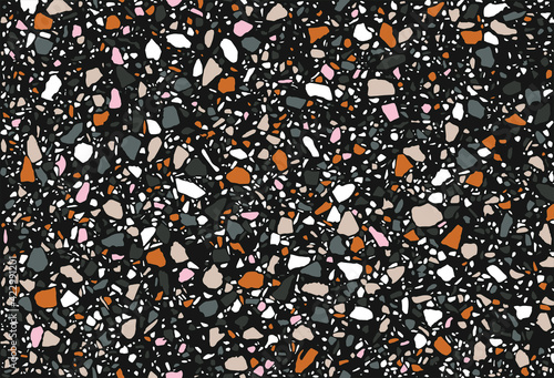 Terrazzo flooring vector seamless pattern in dark colors. Classic italian type of floor in Venetian style composed of natural stone, granite, quartz, marble, glass and concrete