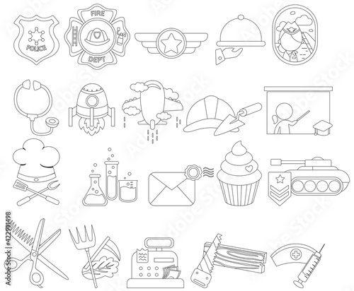 
a vector of many jobs icons and badges in black and white
