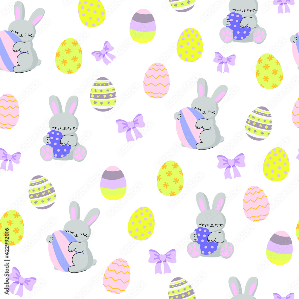 Spring cute white pattern with egg rabbit bunny. Happy easter seamless background. Textiles for children. Digital paper scrapbook with pet.