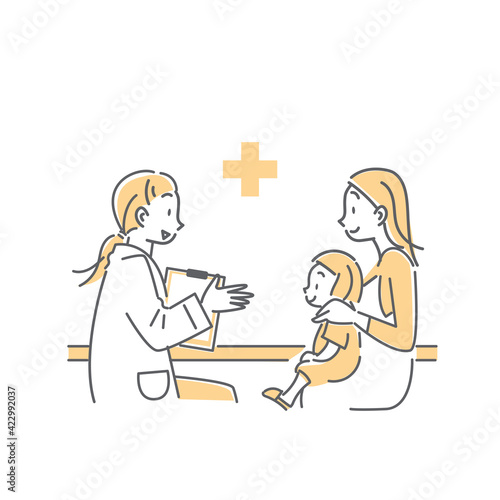若い女性医師に診察を受ける親子のシンプルでかわいい線画イラスト