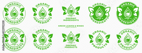 Concept for product packaging. Labeling - organic ingredients and products. Stamp with leaf-wings - a symbol of natural components floating in the product. Green infused drop of ingredient. Vector