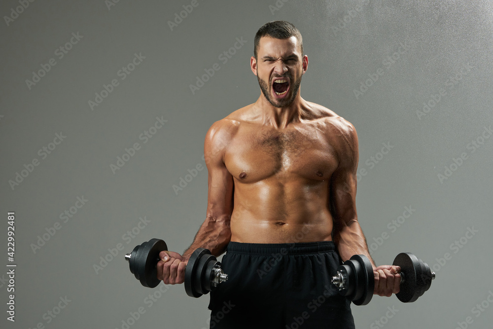 Exited handsome bodybuilder with powerful torso building up muscles with dumbbells in room indoors