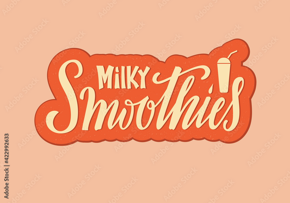Vector illustration of milky smoothies lettering for banner, poster, signage, business card, product, menu design. Handwritten creative calligraphic text for digital use or print
