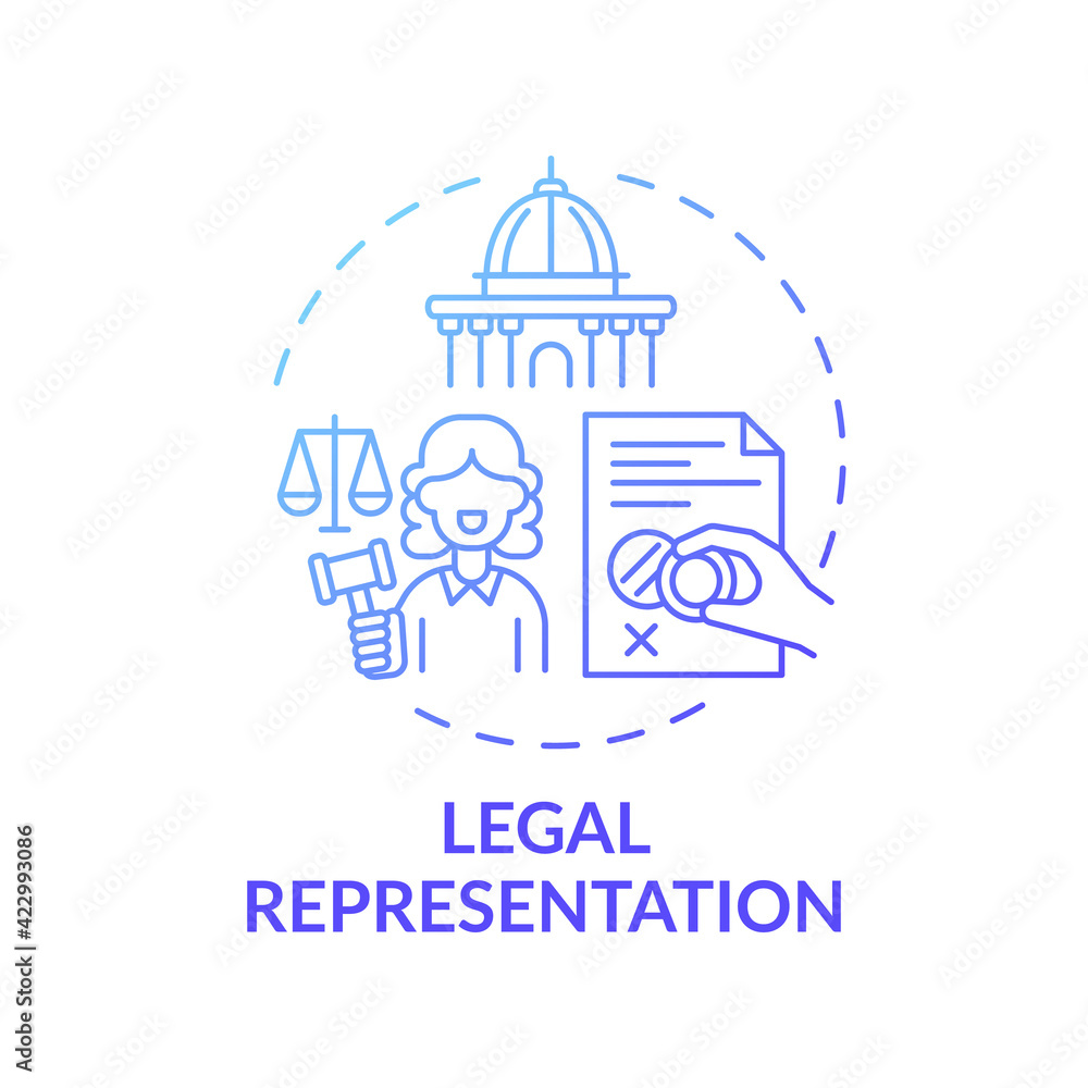 Legal representation concept icon. Legal services categories. Represents people in judicial and administrative idea thin line illustration. Vector isolated outline RGB color drawing