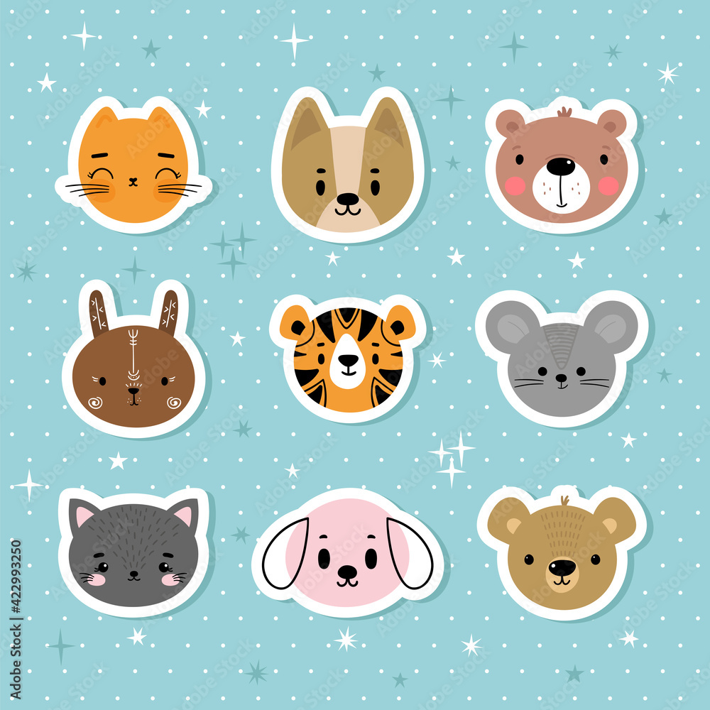 Obraz premium Set of cartoon stickers with animals for kids. Sweet smiley faces. Cute hand drawn characters on blue background