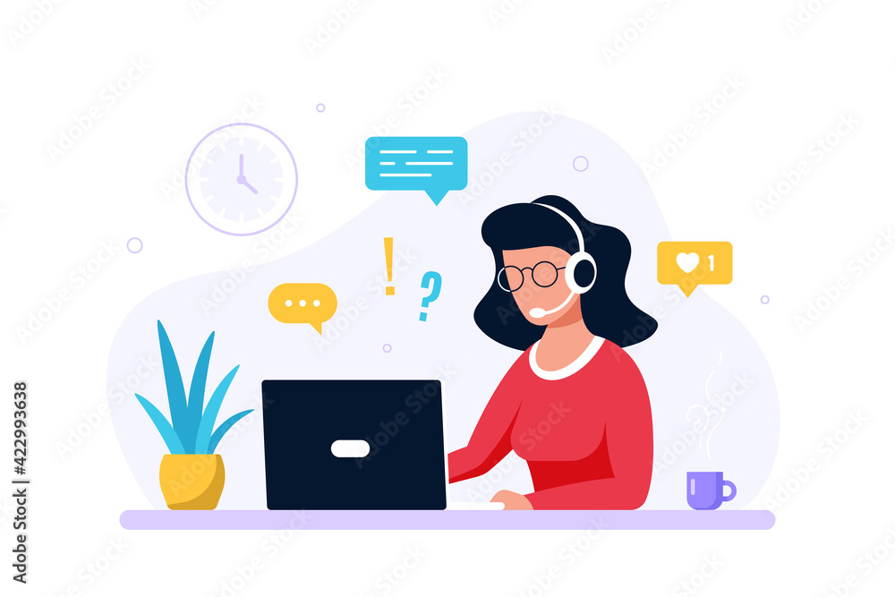 Woman with headphones and microphone with laptop Woman with headphones and microphone with laptop