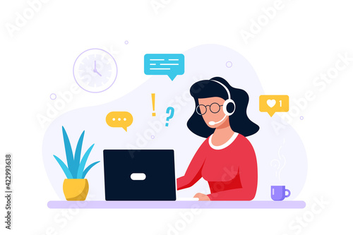 Woman with headphones and microphone with laptop