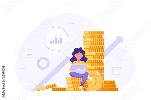 Young woman with laptop sitting on stack of coins.