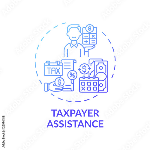 Taxpayer assistance concept icon. Legal services types. Helping to pay bills and taxes to your country government idea thin line illustration. Vector isolated outline RGB color drawing