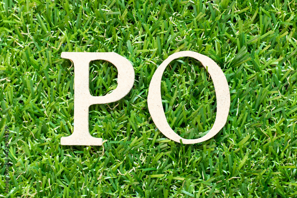 Alphabet letter in word PO (Abbreviation of purchase order) on green grass background Alphabet letter in word PO (Abbreviation of purchase order) on green grass background