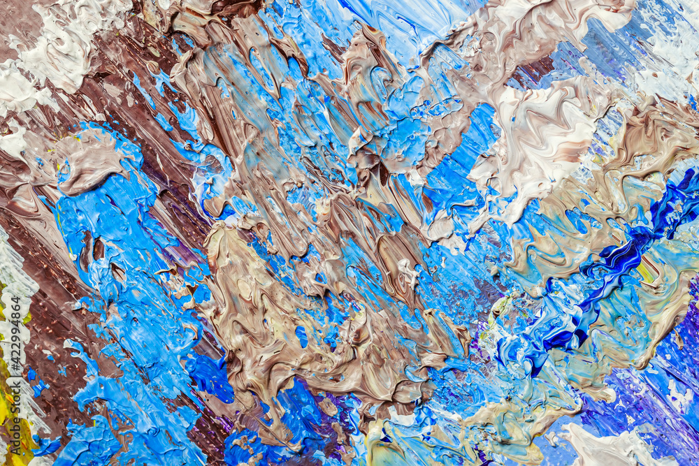 Fototapeta premium Brown blue brush strokes, stains, dripping blobs of colored acrylic paint on artist palette. Abstract modern background