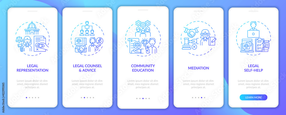 Legal services categories onboarding mobile app page screen with concepts. Mediation walkthrough 5 steps graphic instructions. UI, UX, GUI vector template with linear color illustrations