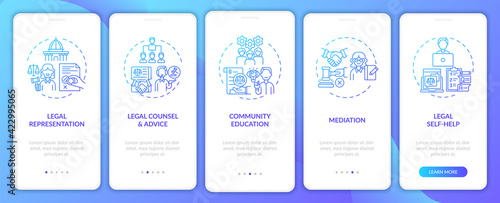 Legal services categories onboarding mobile app page screen with concepts. Mediation walkthrough 5 steps graphic instructions. UI, UX, GUI vector template with linear color illustrations