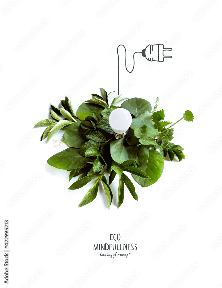 Energy saving eco lamp, made with green sprout and leaves with sketches ...