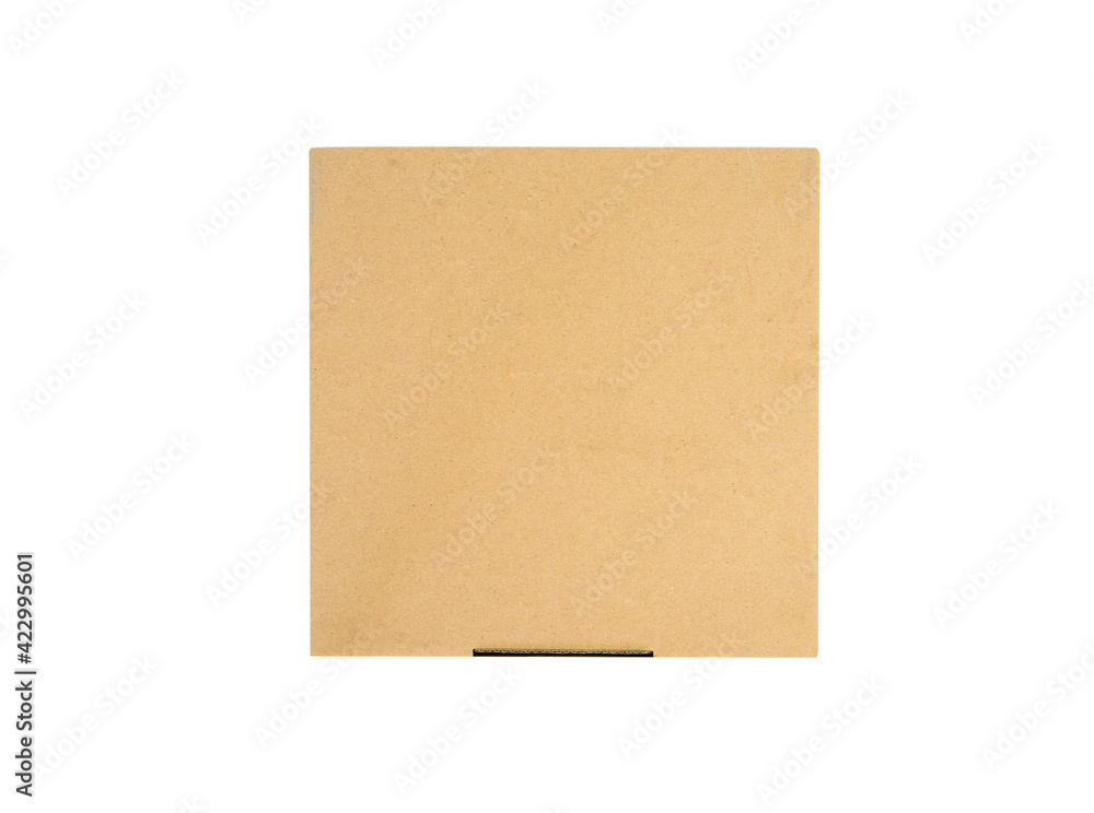 a closed flat cardboard from the top point of view. mockup of brown box paper isolated on white background. 