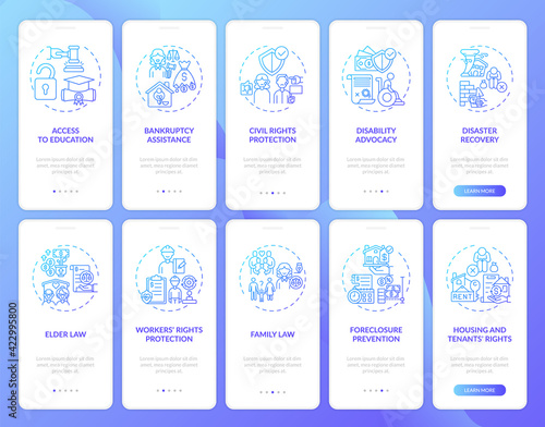 Legal services onboarding mobile app page screen with concepts. Court protection walkthrough 10 steps graphic instructions. UI, UX, GUI vector template with linear color illustrations