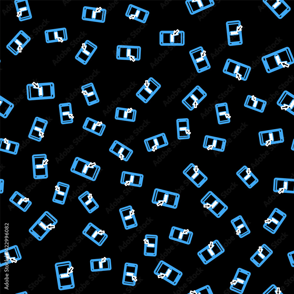 Line Mobile phone and shopping cart icon isolated seamless pattern on black background. Online buying symbol. Supermarket basket symbol. Vector Line Mobile phone and shopping cart icon isolated seamless pattern on black background. Online buying symbol. Supermarket basket symbol. Vector