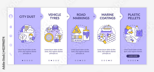Microplastics sources onboarding vector template. Responsive mobile website with icons. Web page walkthrough vehicle types step screens. Road markings color concept with linear illustrations