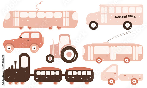 Cute kid transport in pastel colors. School bus, tram, trolleybus, car, tractor, train with wagons, truck. Vector illustration