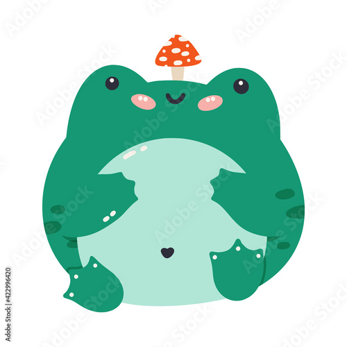 Vector illustration of a green frog. Cute cartoon toad with a mushroom on its head. Frog isolated on a white background