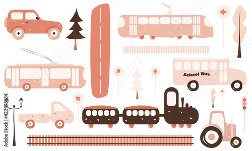 Cute kid transport in pastel colors. Tram, car, tractor, train with cars, truck, road signs, trees, street lamp, traffic light, rails. Vector illustration