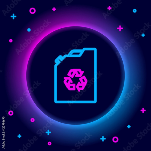 Glowing neon line Eco fuel canister icon isolated on black background. Eco bio and barrel. Green environment and recycle. Colorful outline concept. Vector