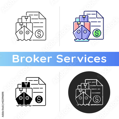 Shipping and freight broker icon. Comission cargo delivery. Financial deal for exporting and importing goods. International delivery. Linear black and RGB color styles. Isolated vector illustrations
