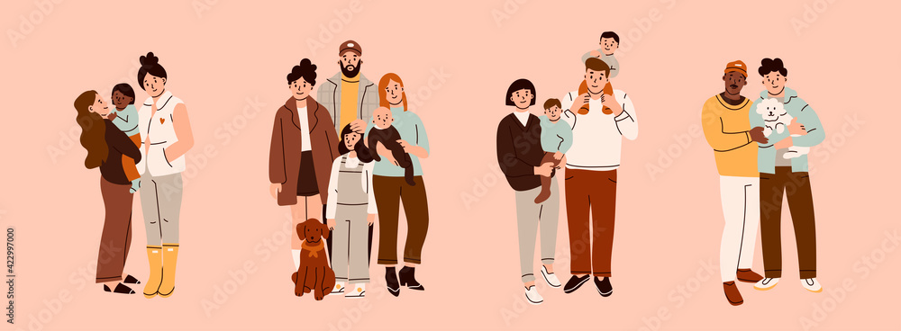 Various Families. Set of family portraits. Group of people standing together. Hand drawn colored Vector illustration. Parents, children, relatives, friends, partners. Togetherness, parenting concept - obrazy, fototapety, plakaty 