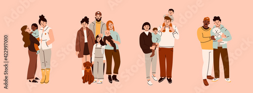 Various Families. Set of family portraits. Group of people standing together. Hand drawn colored Vector illustration. Parents, children, relatives, friends, partners. Togetherness, parenting concept photo