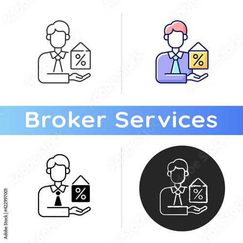 Mortgage broker icon. Credit advisor. Consultation on baking and financial planning. Brokerage and intermediary services. Linear black and RGB color styles. Isolated vector illustrations