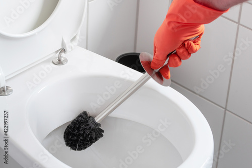 person wearing rubber gloves cleaning toilet bowl with toilet brush photo