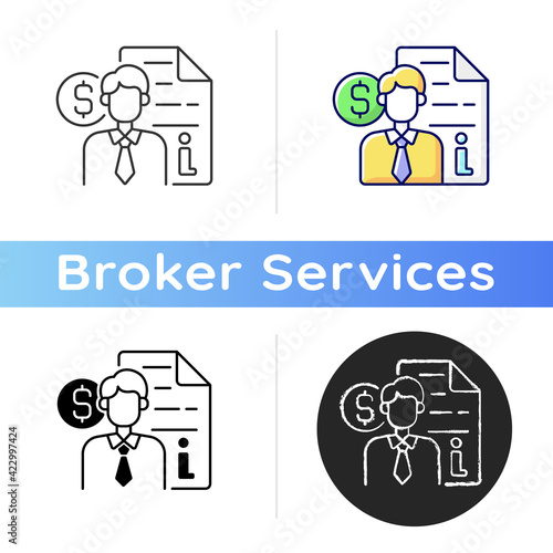 Broker consultation icon. Intermediary and brokerage services. Cost of purchasing information. Commission of financial consultant. Linear black and RGB color styles. Isolated vector illustrations
