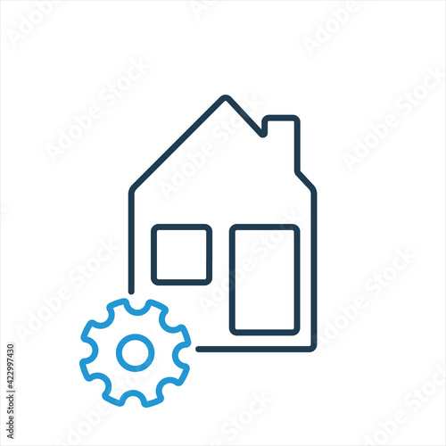 House and gear line icon. Repair service of real estate. Renovation concept. Safe and care of real estate line icon.