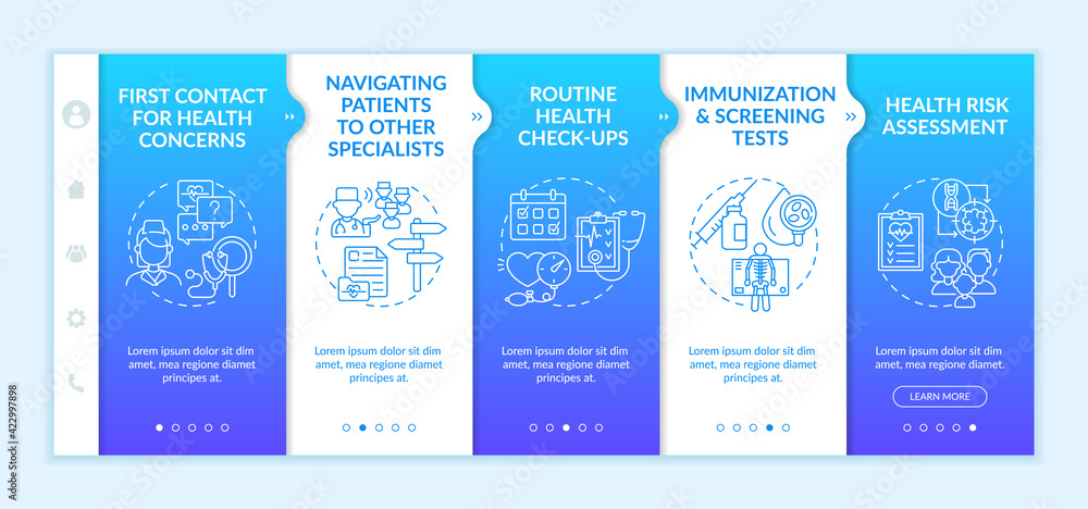 Naklejka premium Family doctor tasks onboarding vector template. Responsive mobile website with icons. Web page walkthrough 5 step screens. Routine health check color concept with linear illustrations