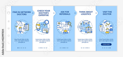 Choosing general practitioner doctor tips onboarding vector template. Responsive mobile website with icons. Web page walkthrough 5 step screens. Healthcare color concept with linear illustrations