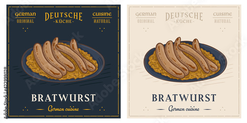 Bratwurst sausage with sauerkraut vintage retro German dish illustration